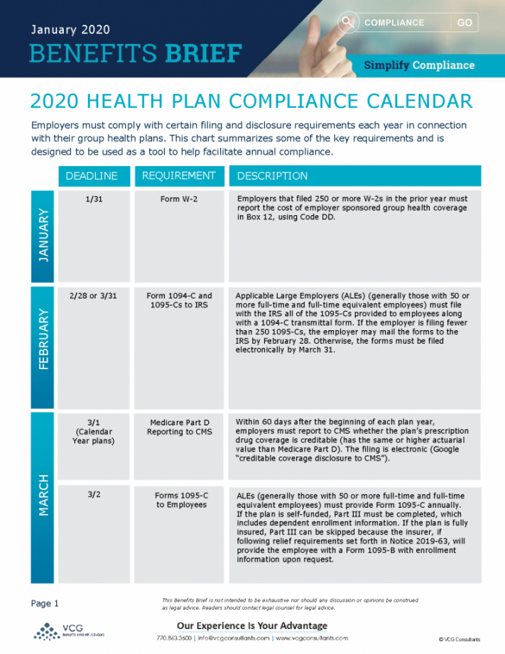 Bulletin: health plan compliance calendar vcg consultants