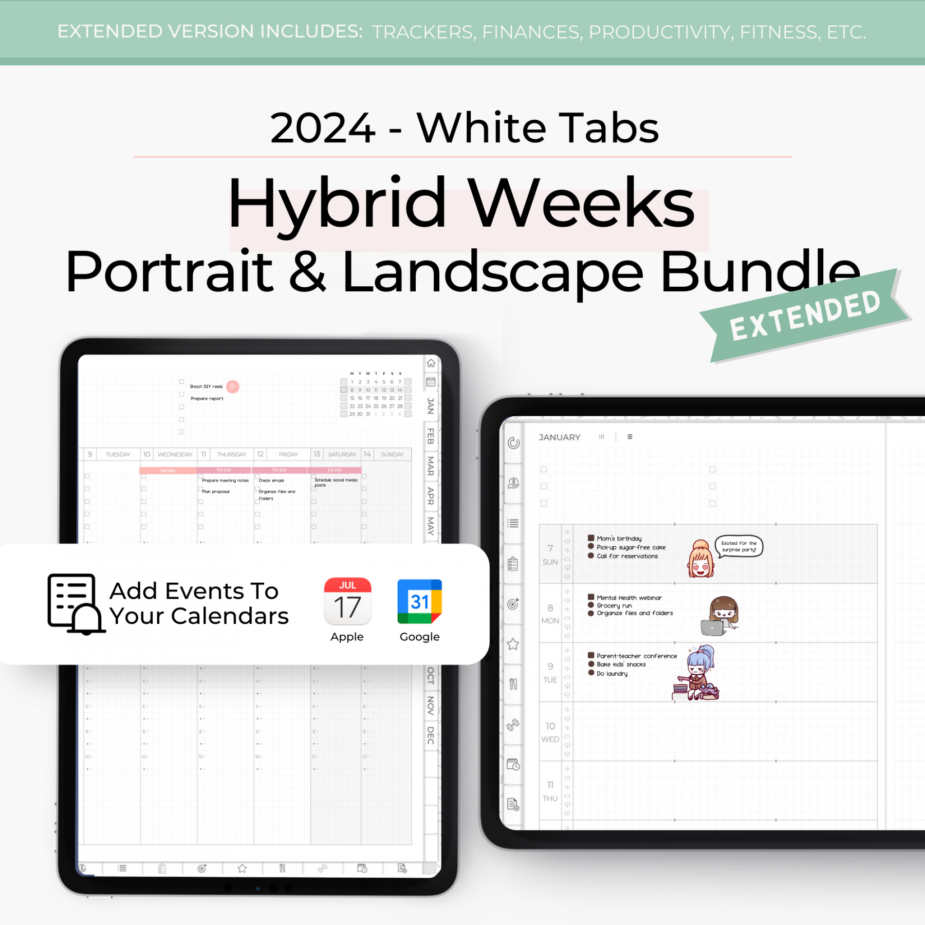 Digital Planner with Google Calendar Links,  Digital Planner  GoodNotes, Hybrid Weeks Landscape and Portrait Bundle, Extended Version in  White
