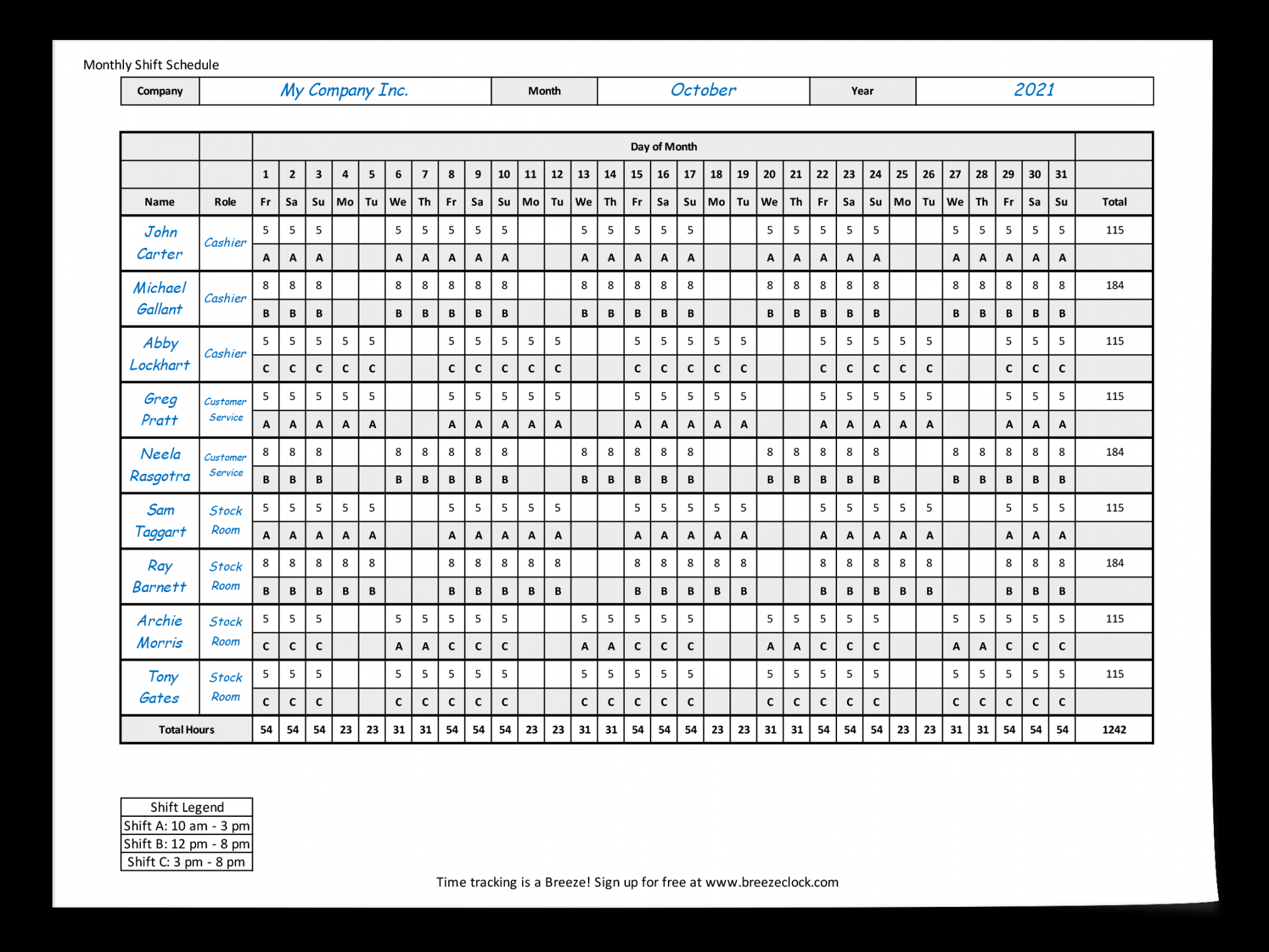 Free Employee Shift Schedule Template - Breeze Clock