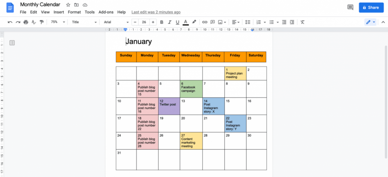 How to make a calendar in google docs ( guide + templates