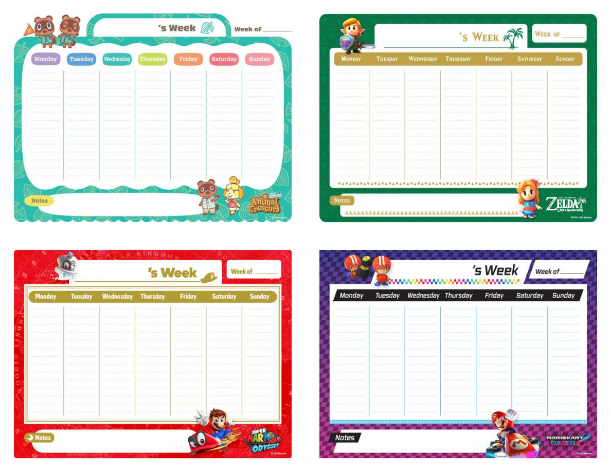 Printable weekly planners with characters from great games