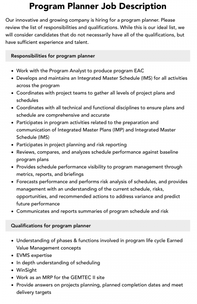 Program Planner Job Description  Velvet Jobs