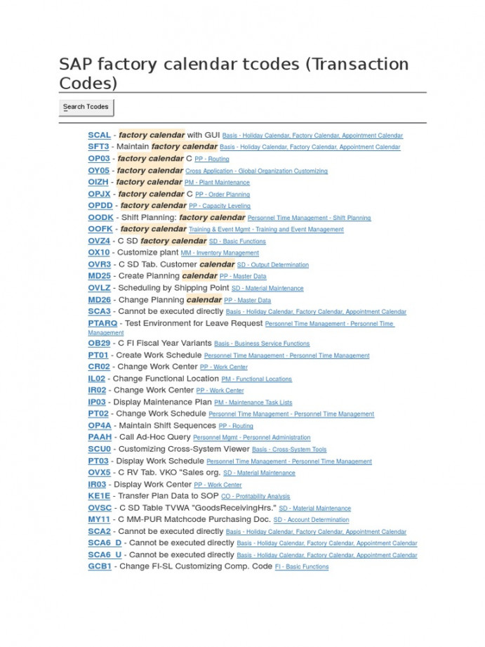 SAP Factory Calendar Tcodes (Transaction Codes)  PDF  Time