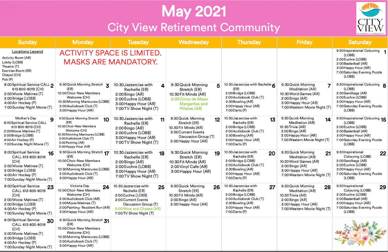 Activities calendar city view retirement community