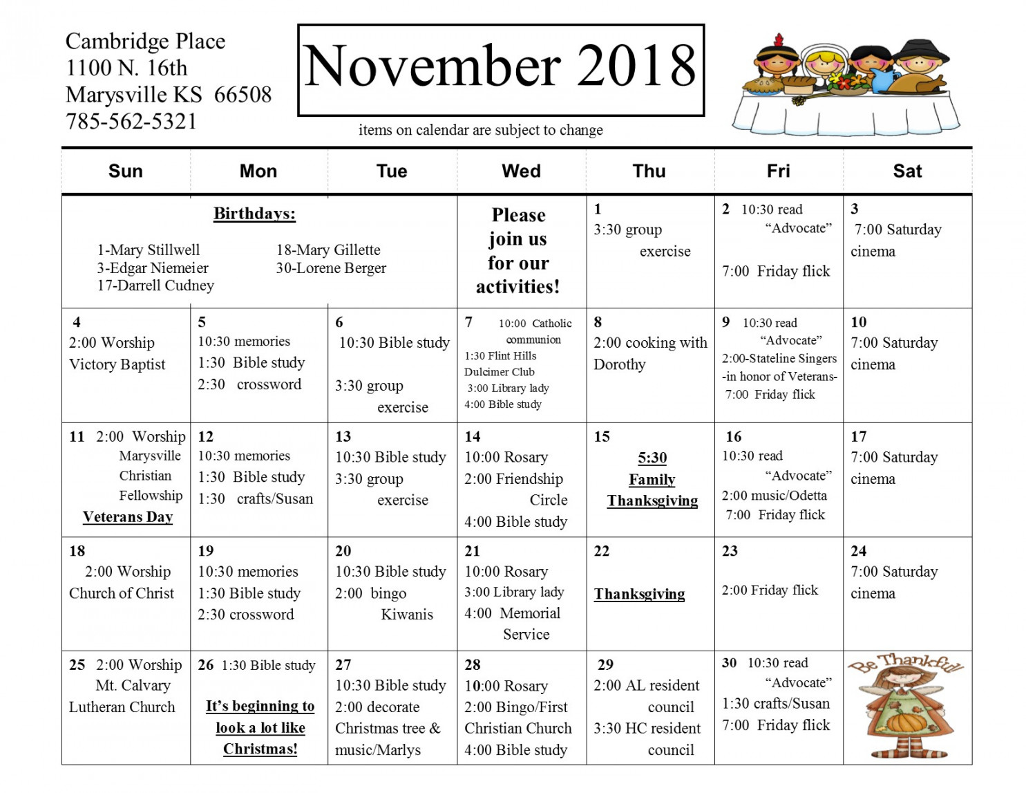 Activity Calendar - Cambridge Place Senior Care