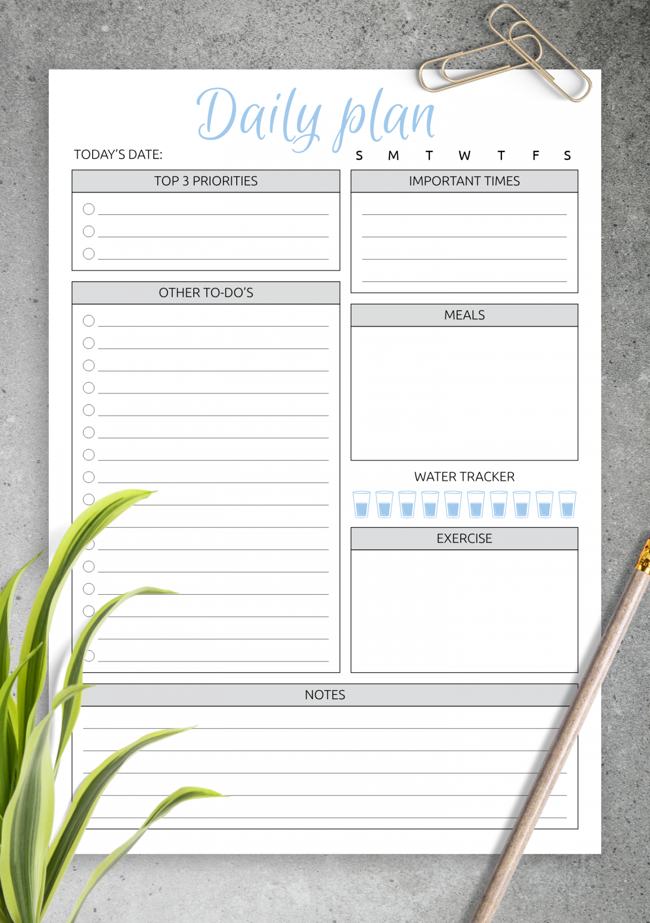 Download Printable Daily Plan with to-do list & important times PDF