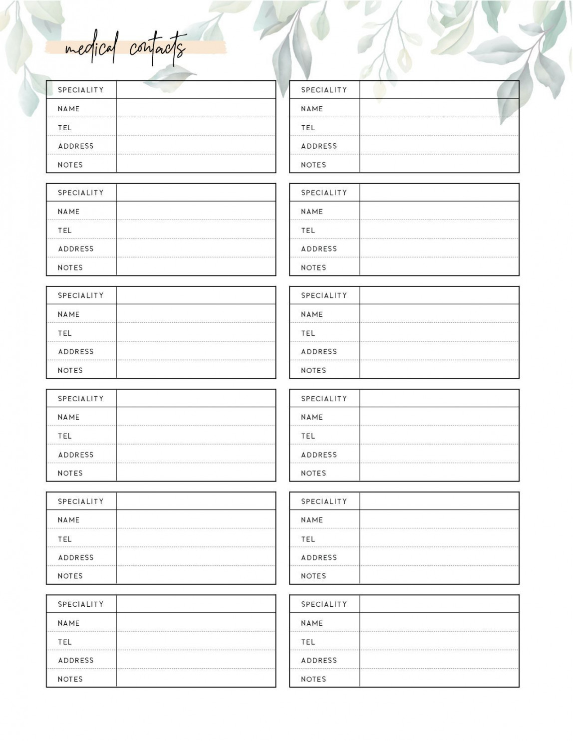 Free printable medical contact list template world of printables