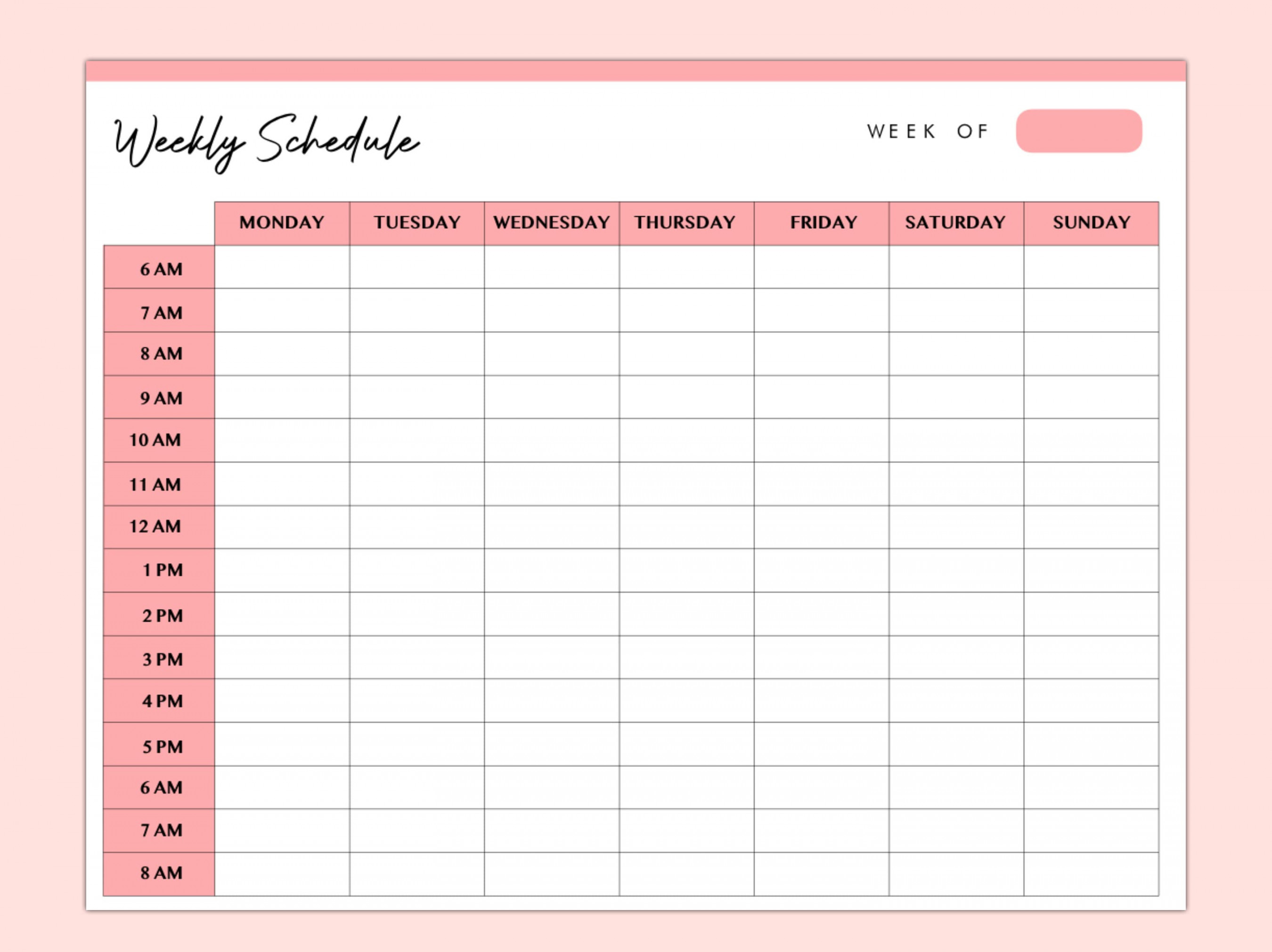 Hourly Weekly Schedule Landscape Weekly Planner Printable - Etsy