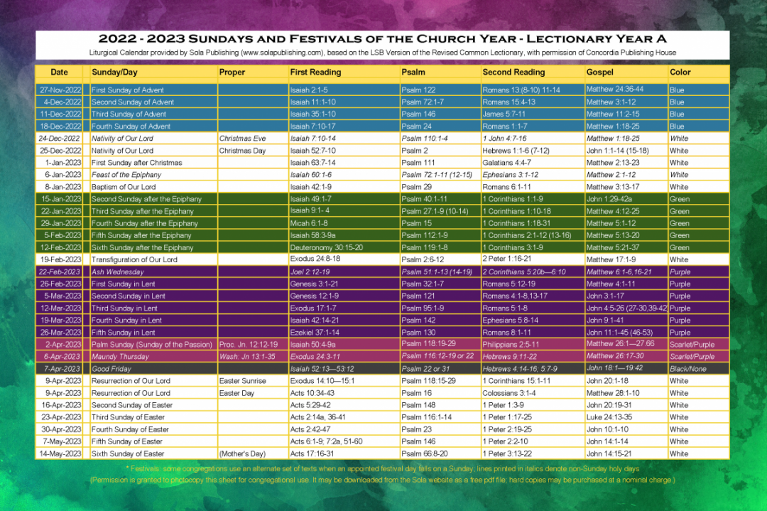 Liturgical Calendar (Year A) K- Sola Publishing