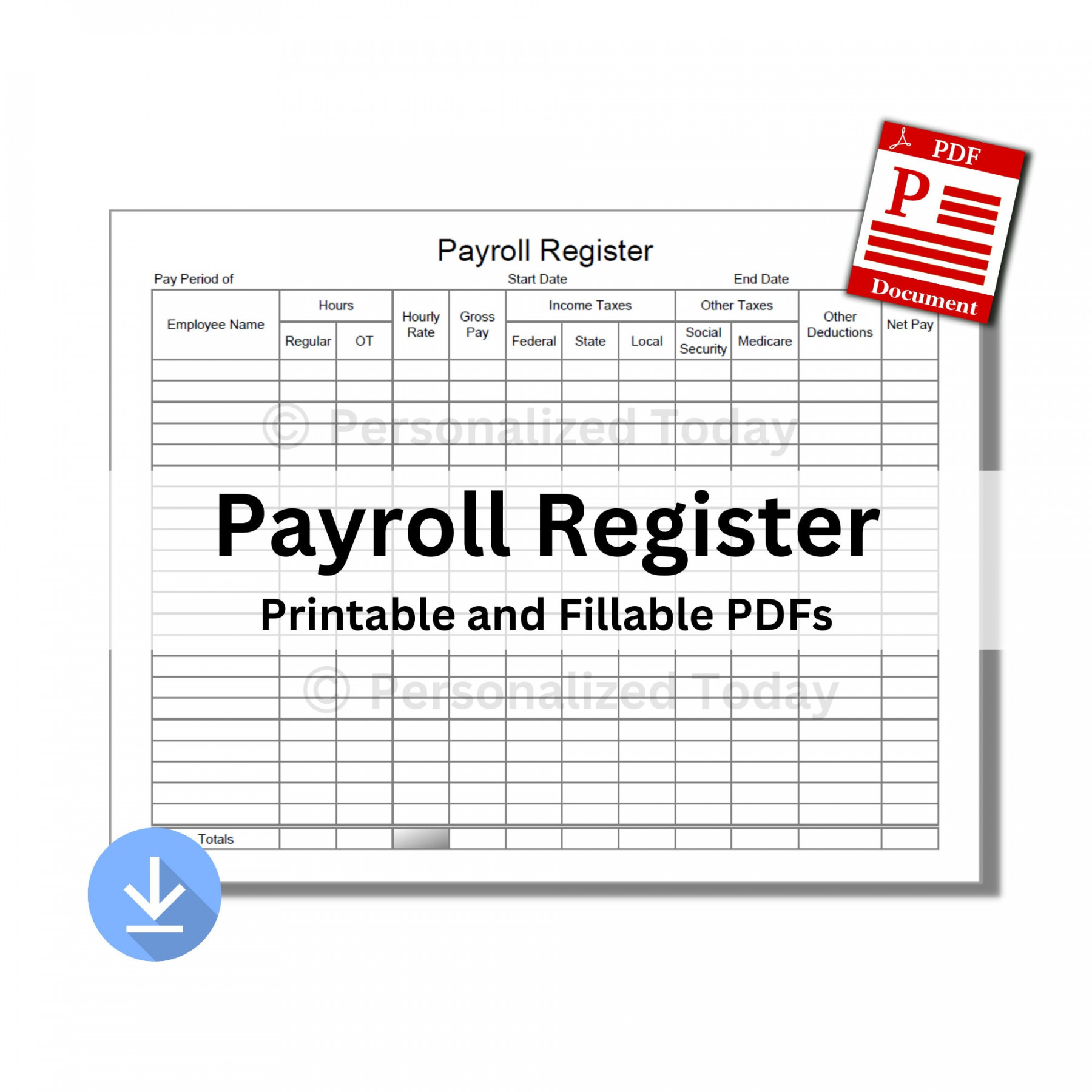 PDF Payroll Register Printable Only & Text Input Fillable US