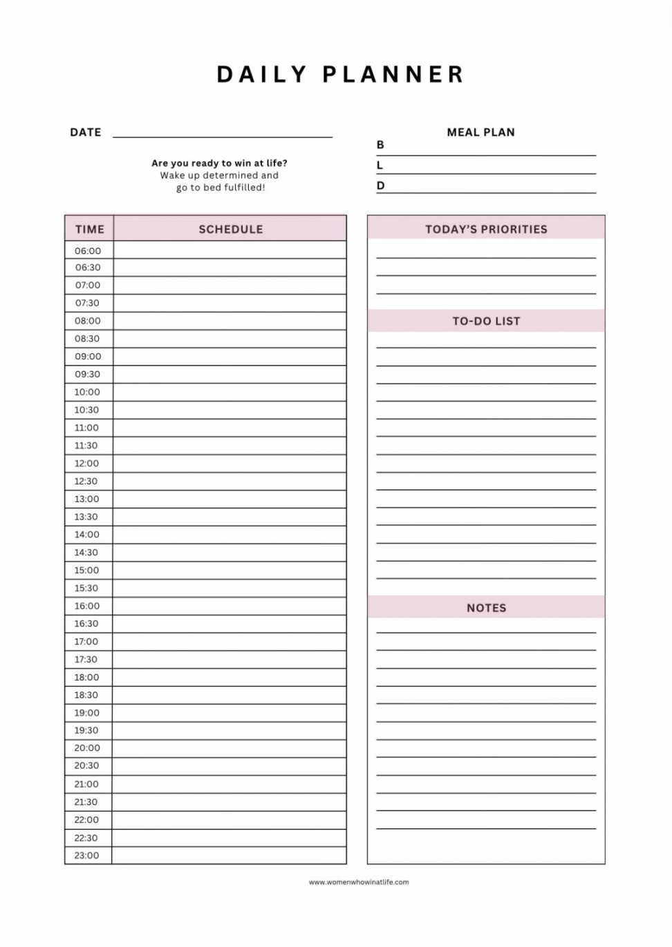 Printable daily calendar with time slots - Women Who Win At Life