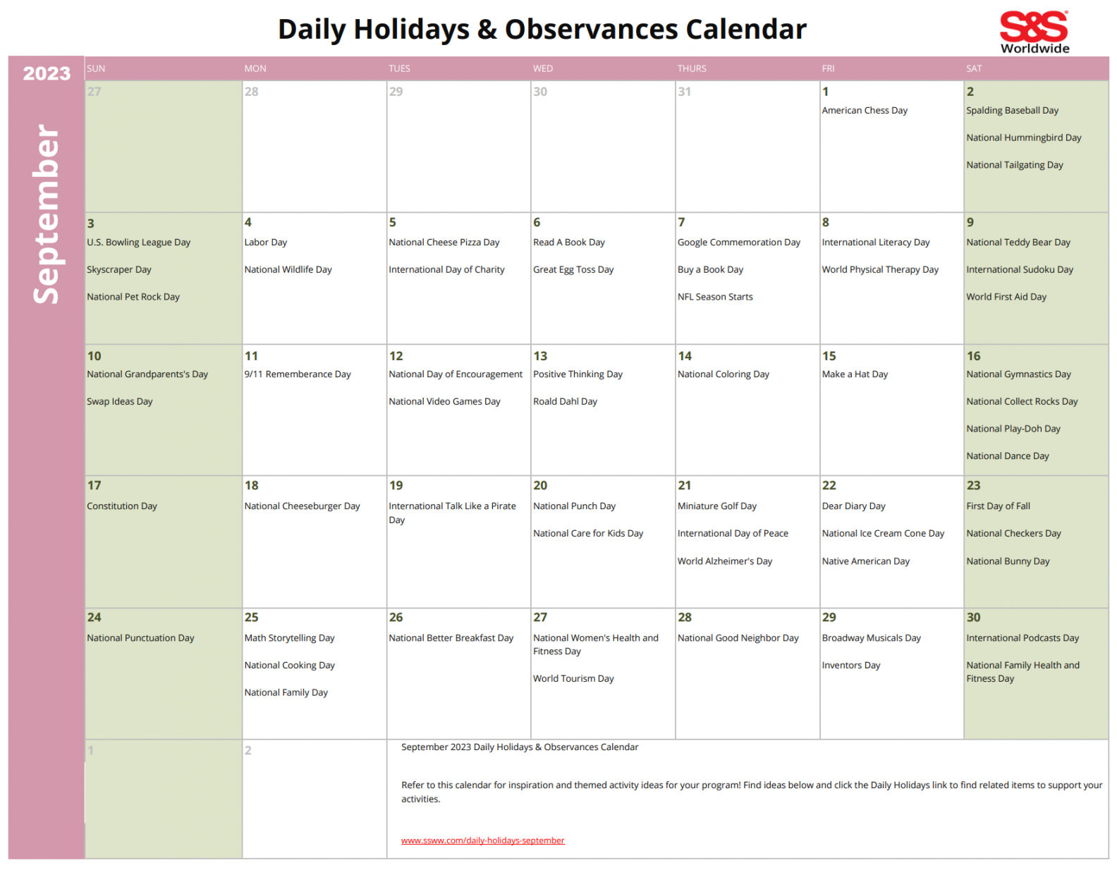 September daily holidays & observances printable calendar s&s blog