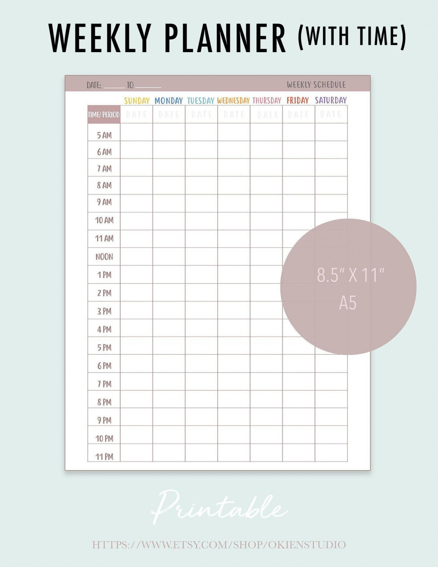 Weekly Calendar Printable, Time Slot, AM Through PM, Weekly