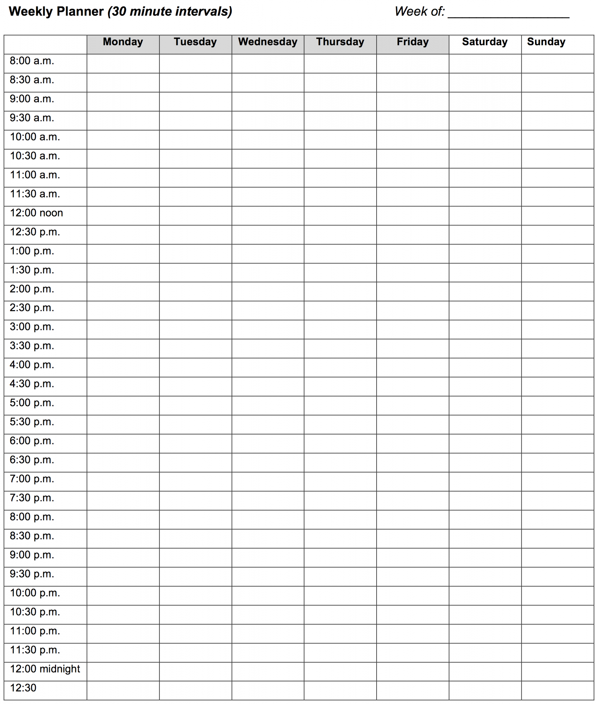 Weekly planner: minute intervals – learning center