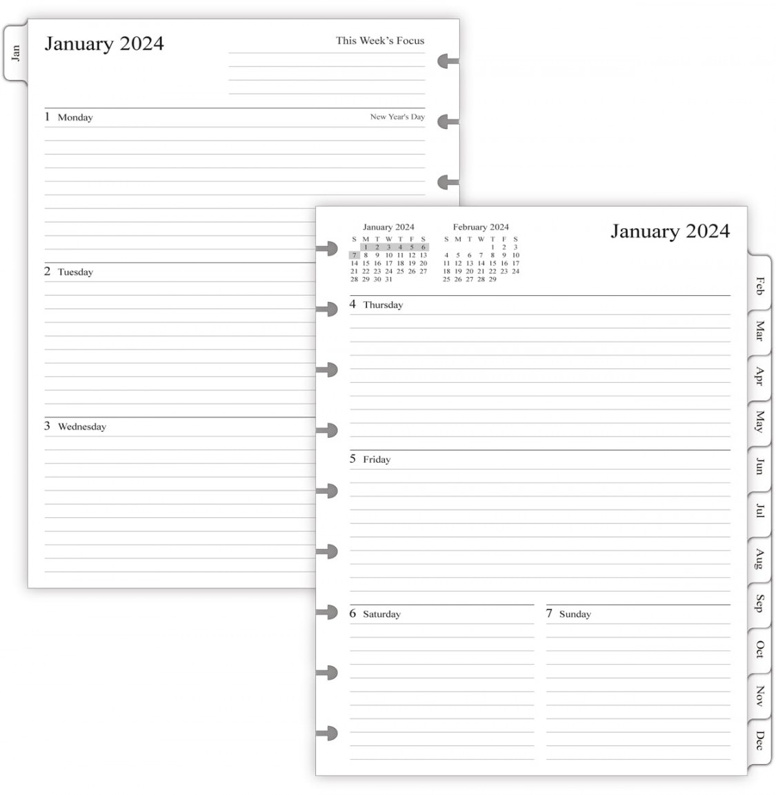 Weekly Planner Refills for Happy Planner -  Discs Punched, Two Pages  Per Week, Classic Size, " x -/"