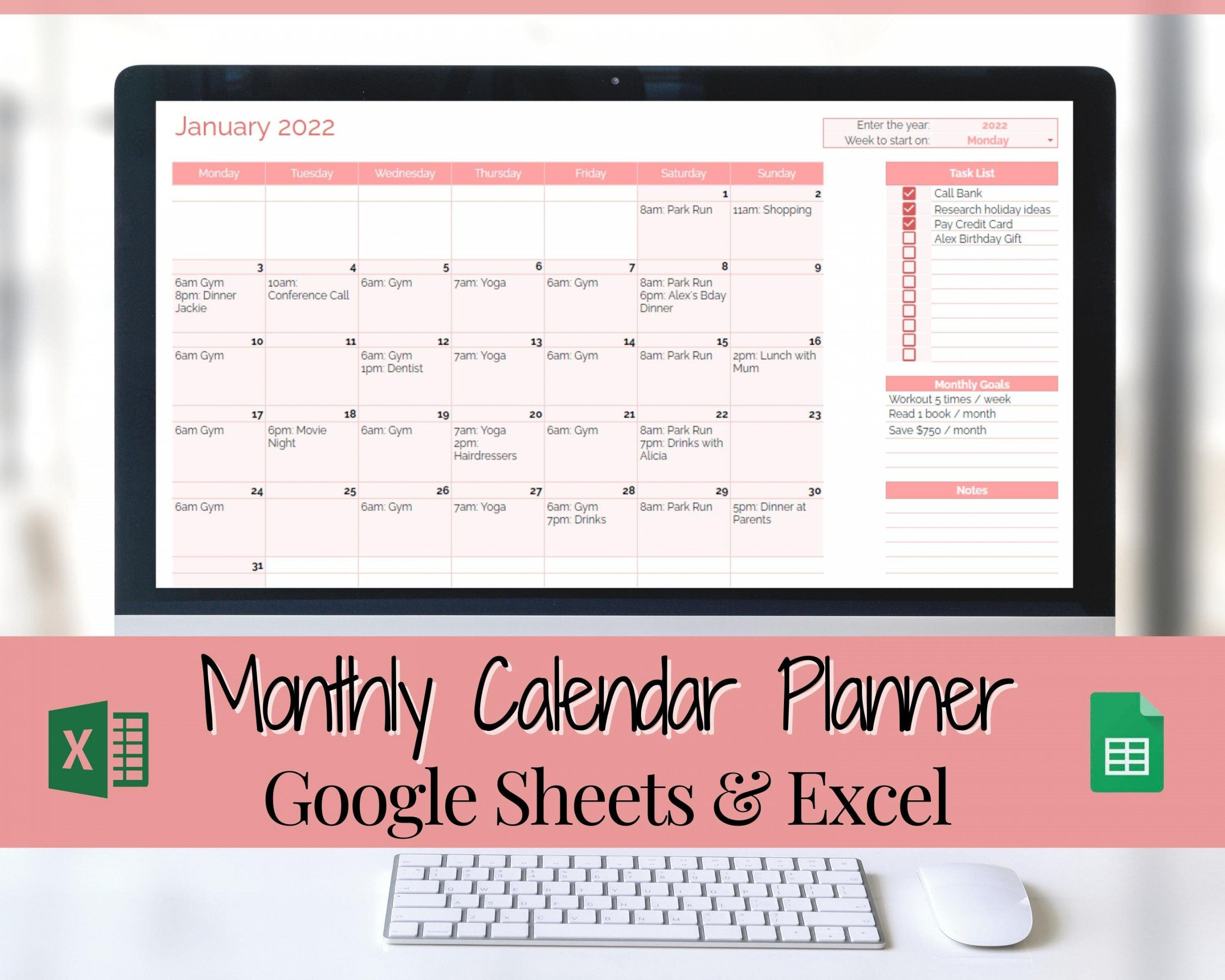 EDITABLE Monthly Calendar Planner Template  Google Sheets & Excel  Automated To Do List Spreadsheet  Pink