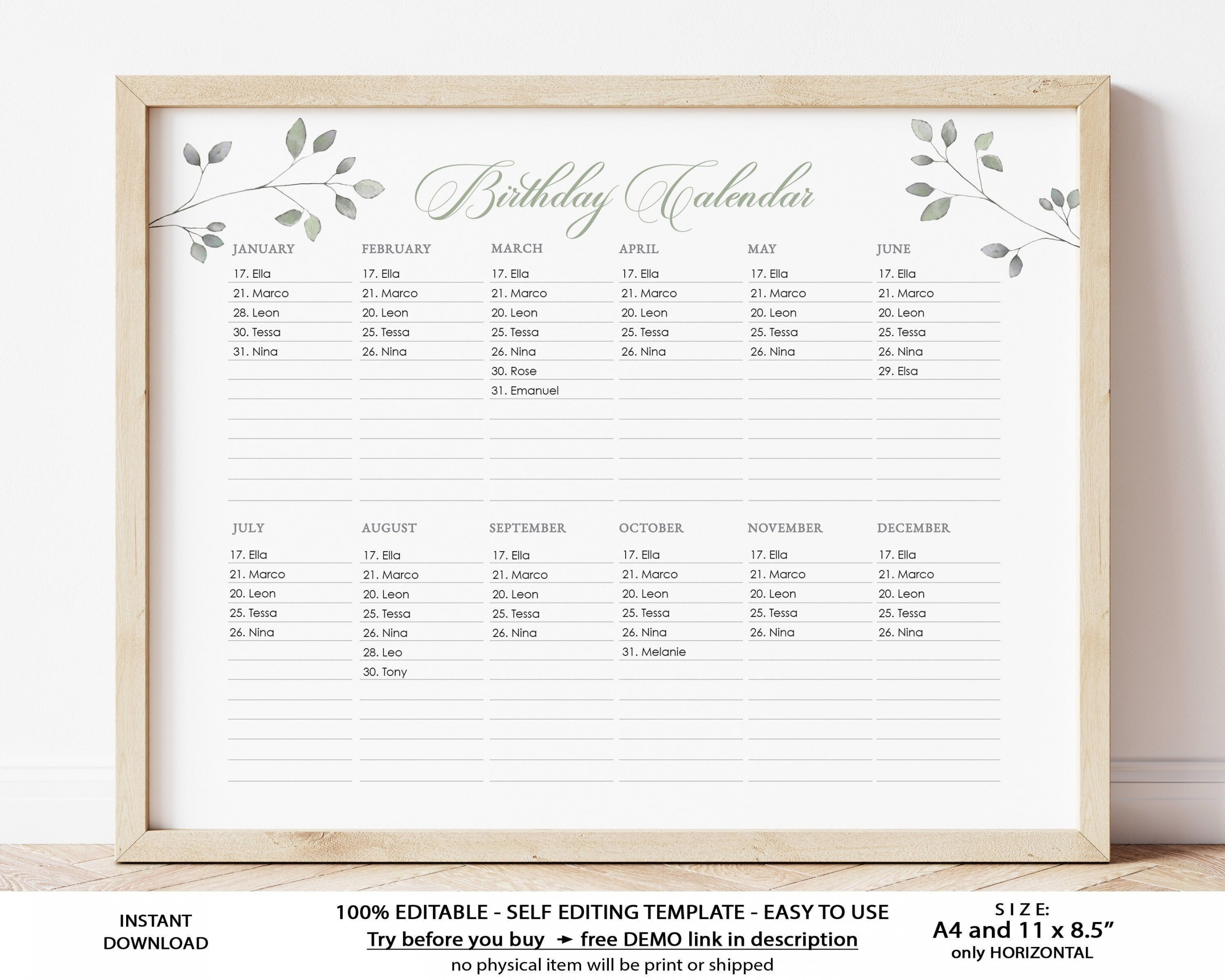 Editable Printable Perpetual Birthday Calendar Minimalist - Etsy