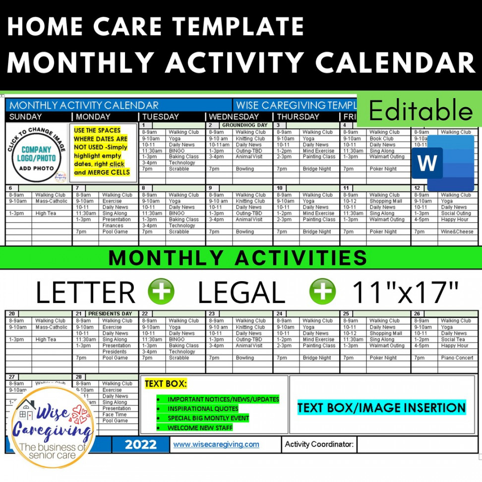 Monthly Activity Calendar Home Care Template Community Event - Etsy Sweden