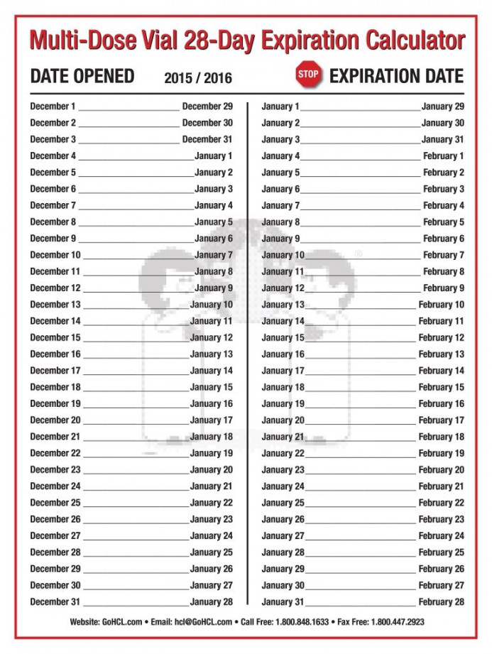 Multi Dose Vial  Day Expiration Calendar  - Fill  Printable