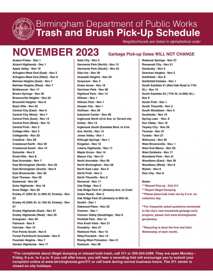 November  Bulk Trash and Limbs Pick-Up Schedule – The Official