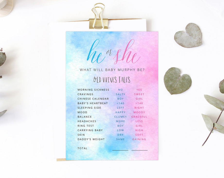 Old wives tales template, printable gender reveal old wives tales chart, watercolor boy or girl gender reveal game, templett