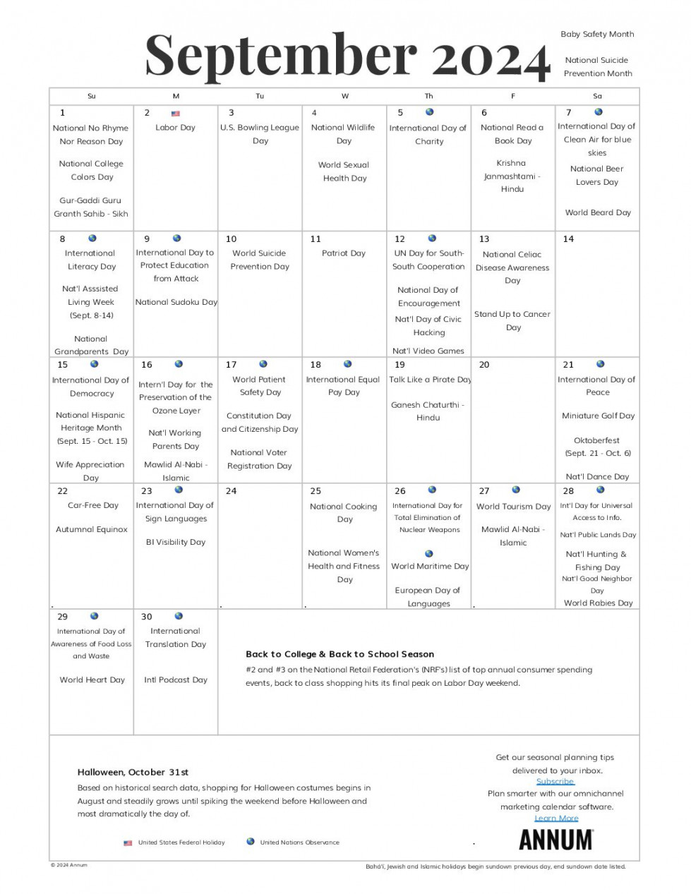 Printable September  Calendar  September Holidays  Annum