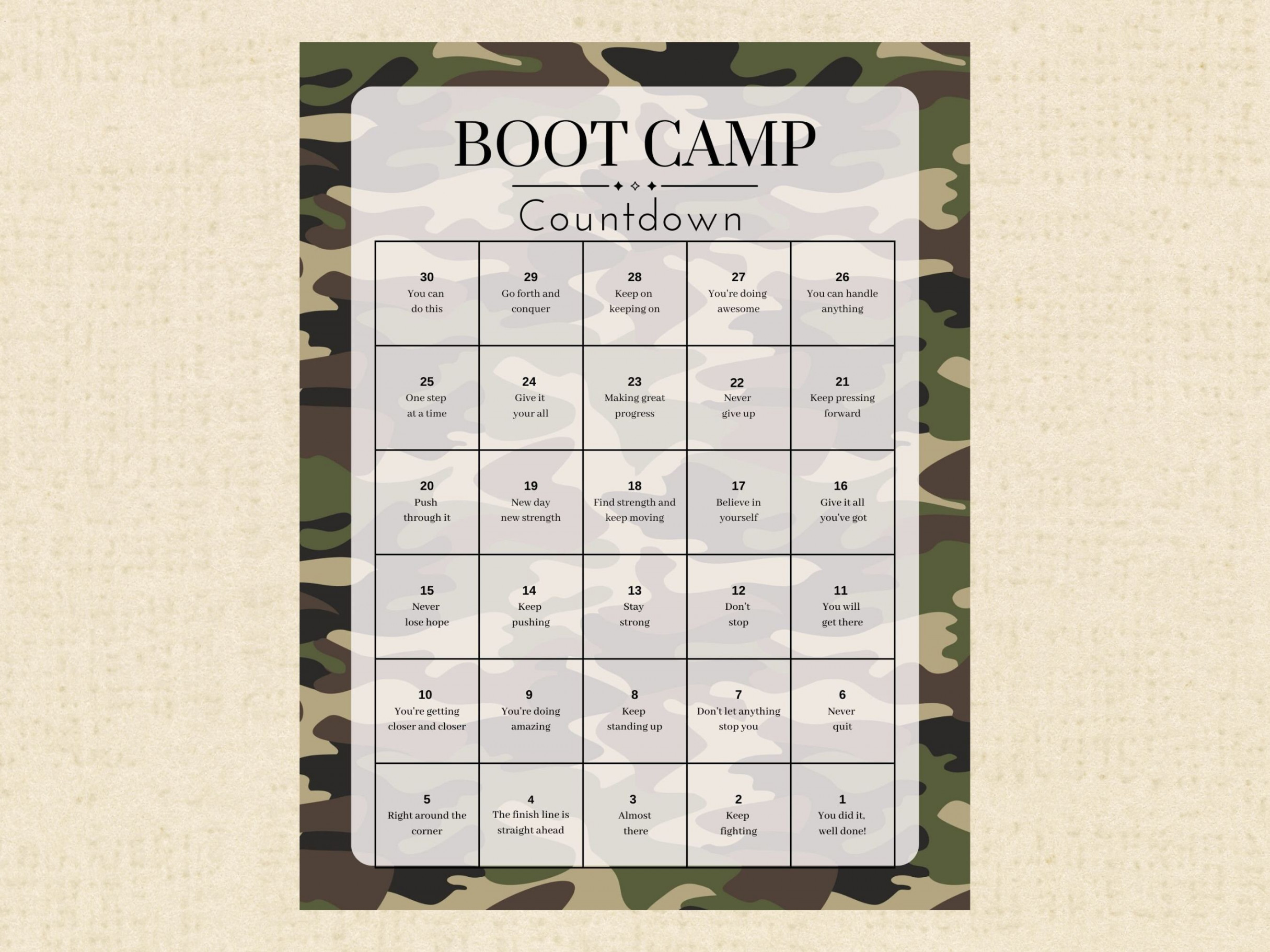 Boot Camp -day Daily Countdown Calendar Printable, Army Boot