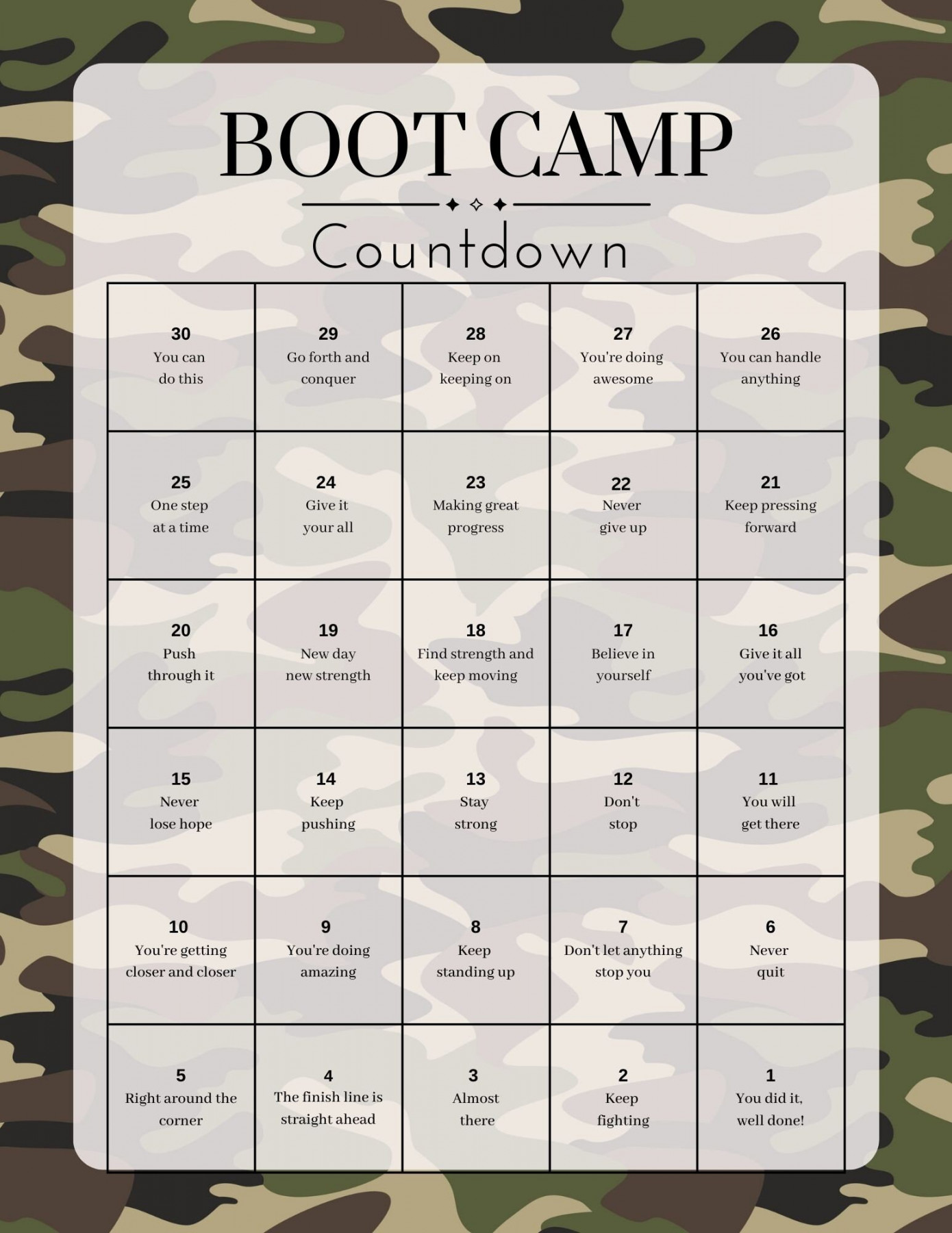 Boot camp day daily countdown calendar printable, army boot