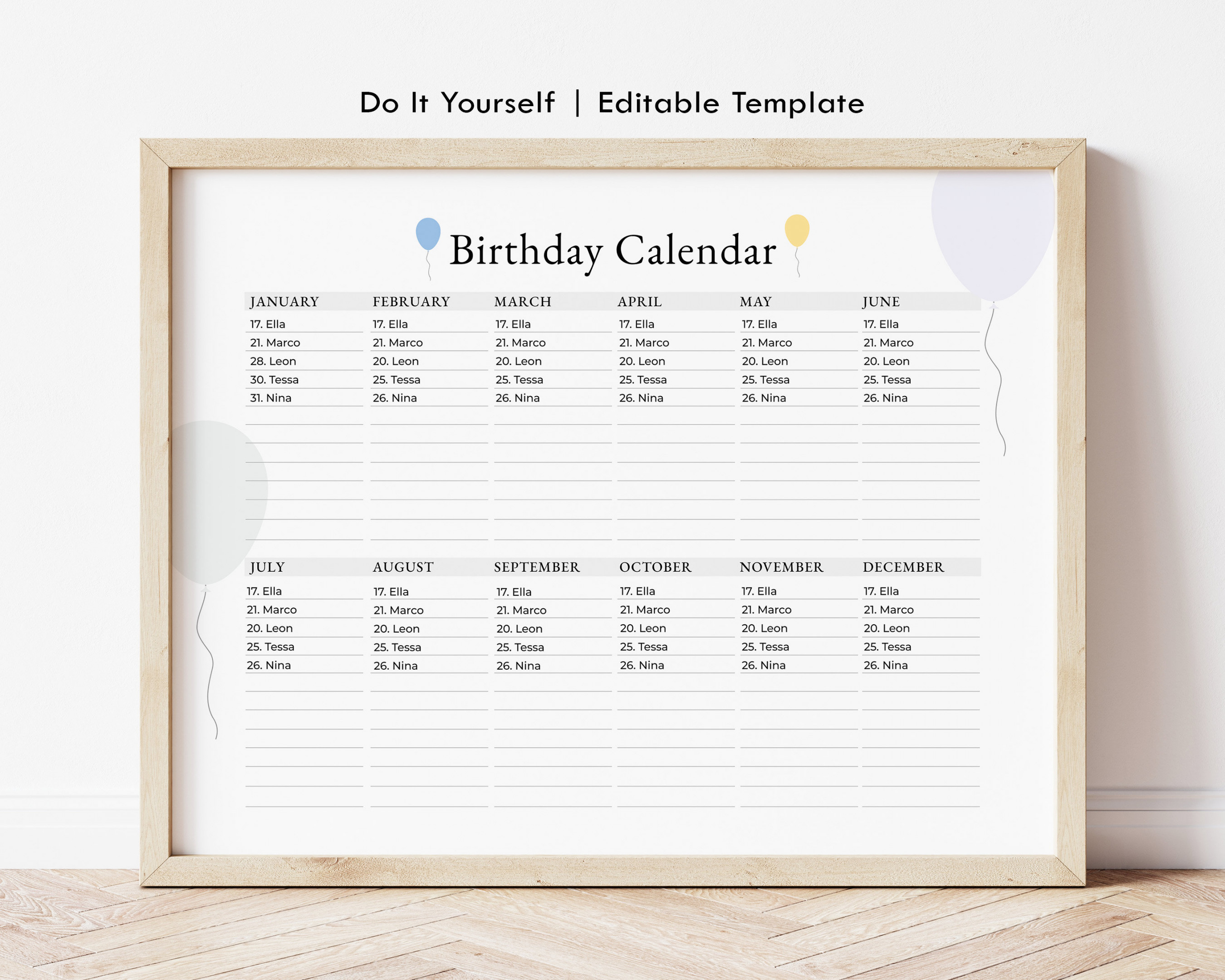 Editable Printable Perpetual Birthday Calendar Minimalist Calendar