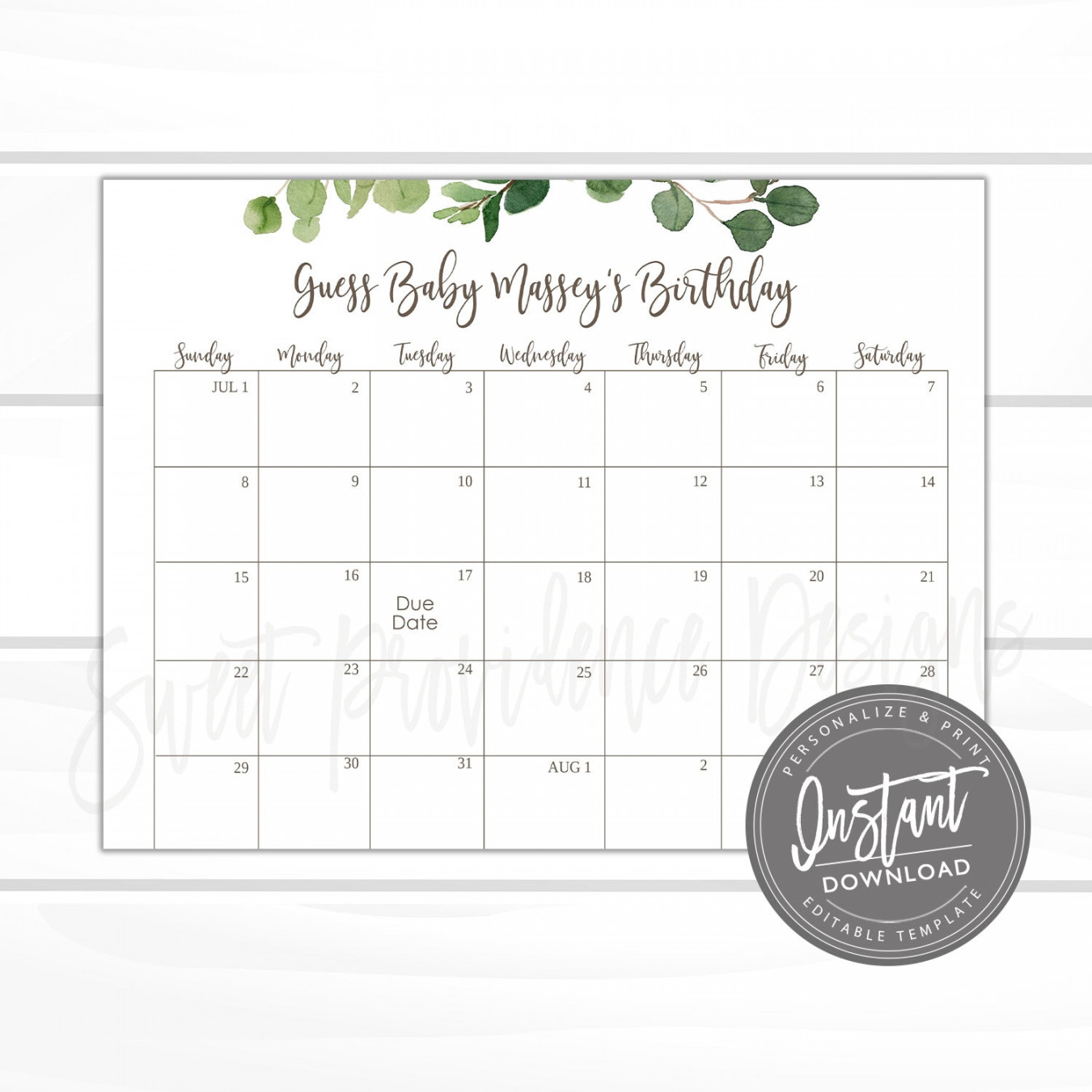 Baby Shower Due Date Calendar Game, Printable Greenery Guess