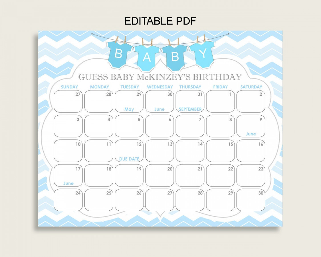 Blue White Guess Baby Due Date Calendar Game Printable, Chevron Baby Shower  Boy Birthday Prediction Calendar Editable, Instant cbl