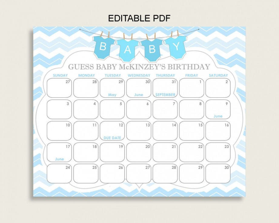 Blue White Guess Baby Due Date Calendar Game Printable, Chevron