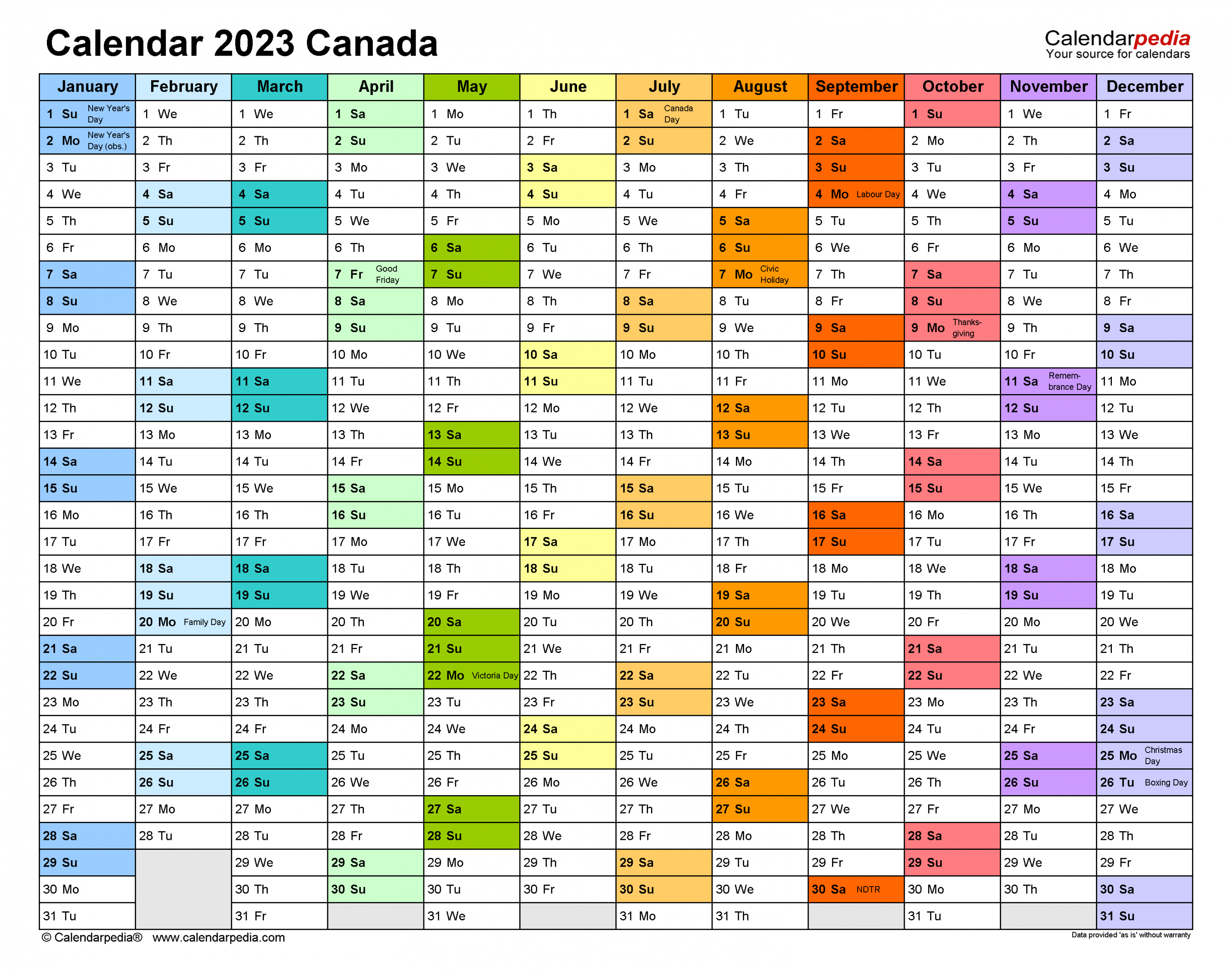 Canada Calendar  - Free Printable PDF templates