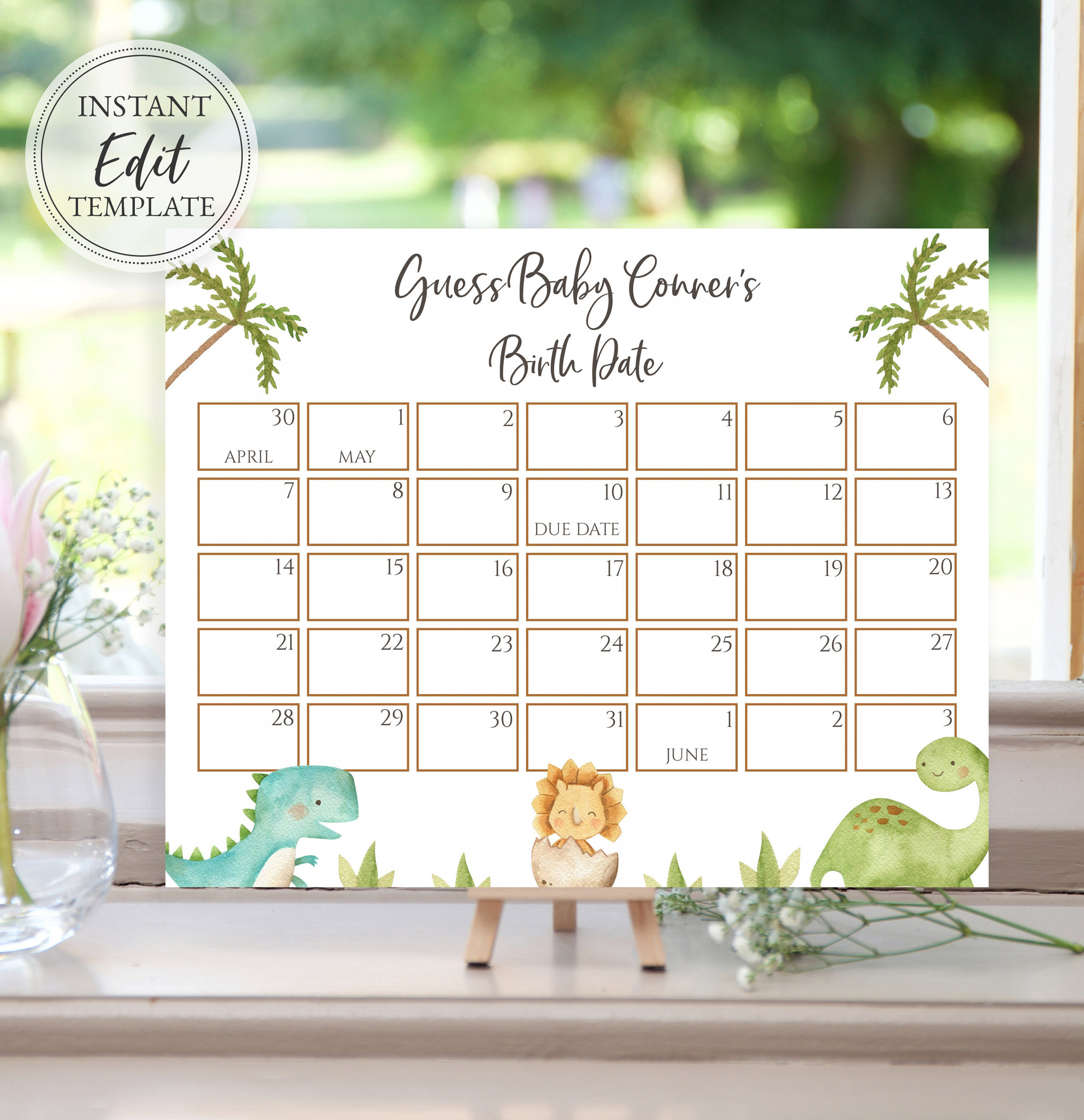 Dinosaur Baby Shower Due Date Calendar Template, Guess Baby