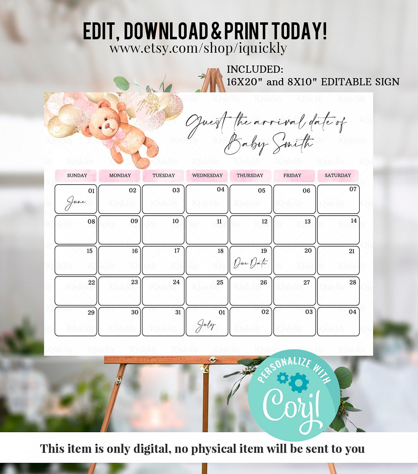 Editable Teddy bear Due Date Calendar, Pregnancy Announcement Calendar,  Pink Guess Baby Birthday Calendar, Guess the Due Date Calendar