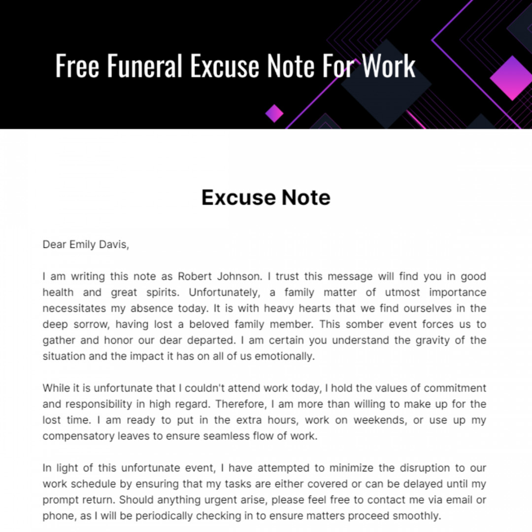Funeral Excuse Note For Work Template - Edit Online & Download