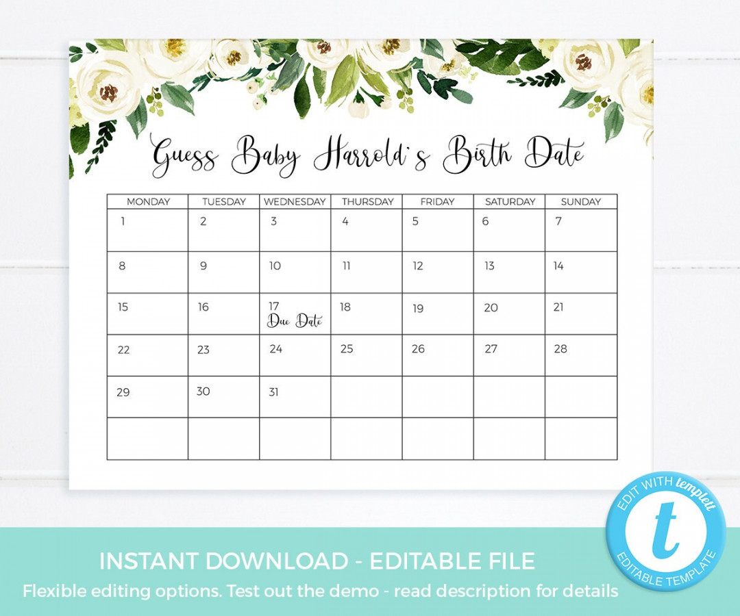 Guess Baby Due Date Calendar EDITABLE Template Guess Baby Birthday