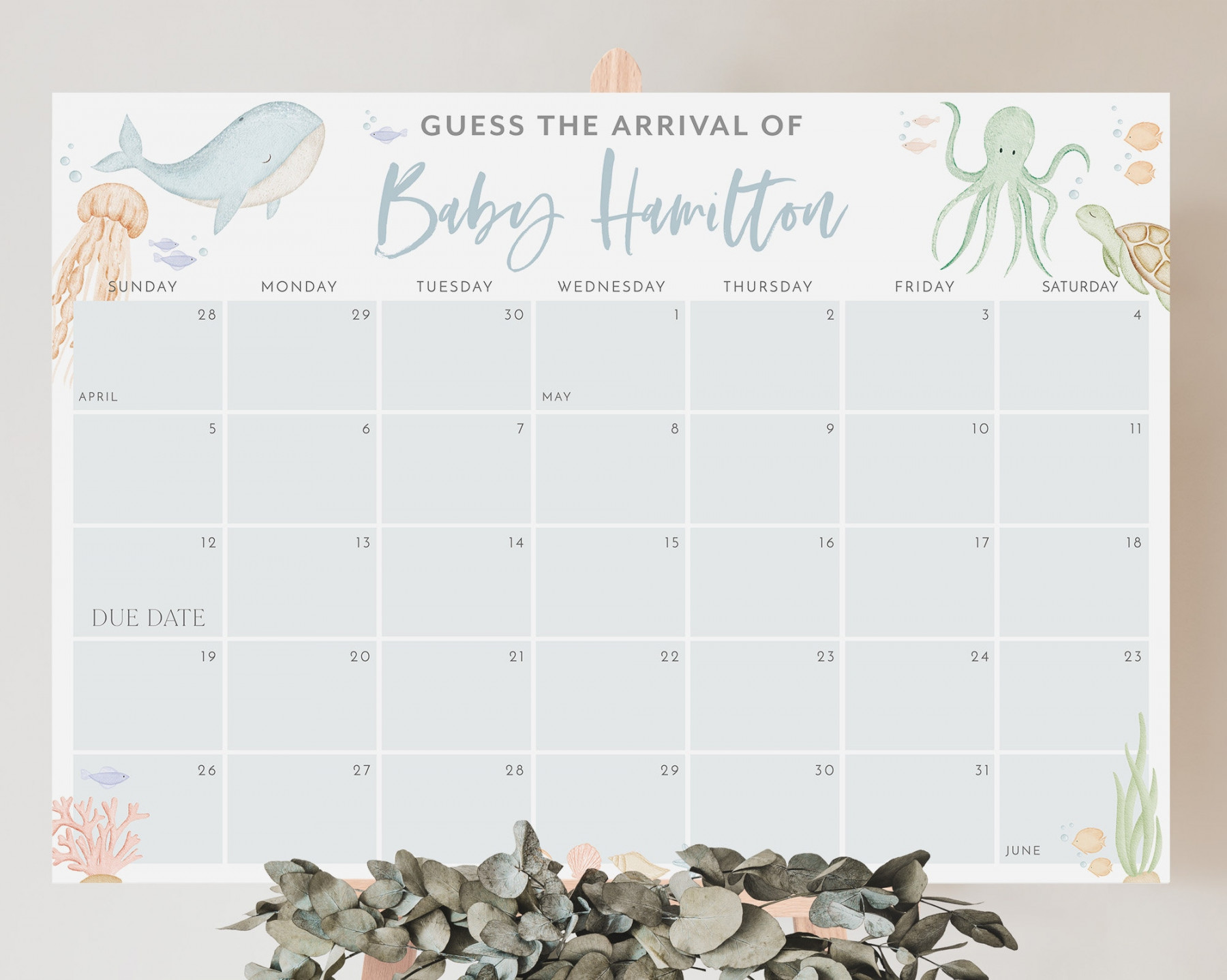 Under the Sea Baby Due Date Calendar, Guess the Due Date, Birth