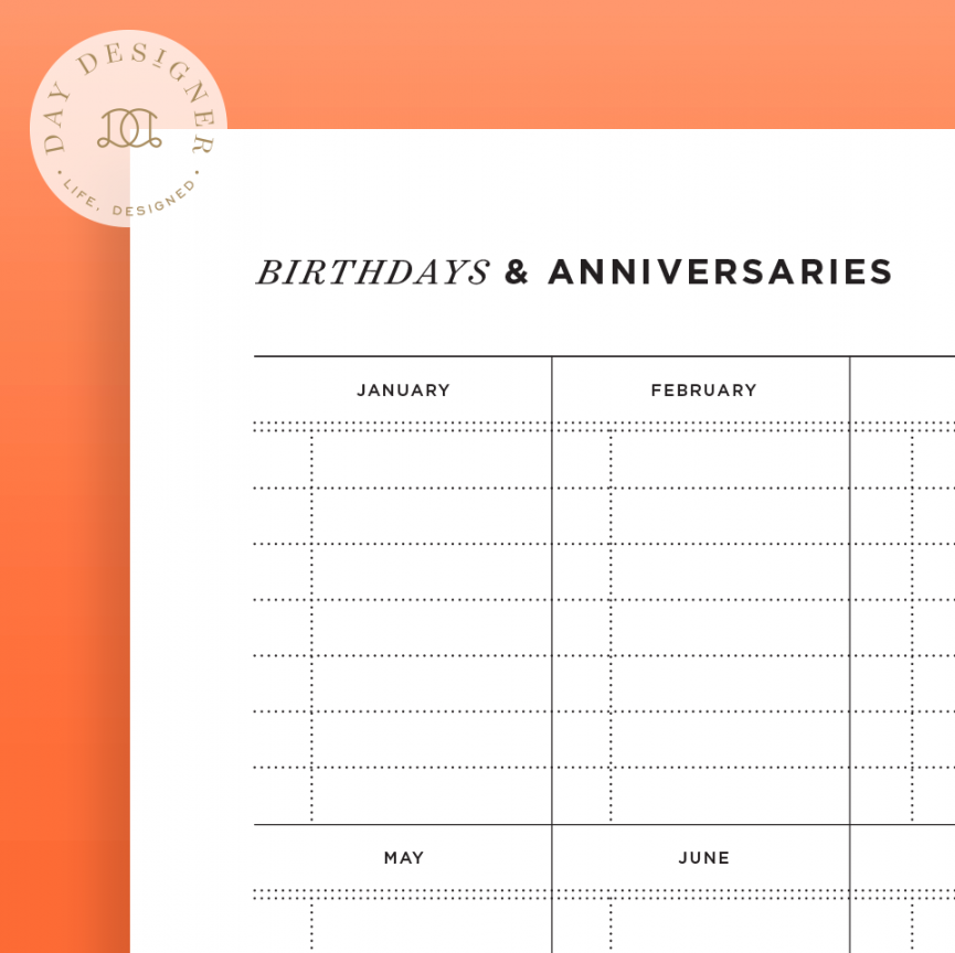 Birthday and Anniversary Printable Calendar  Day Designer