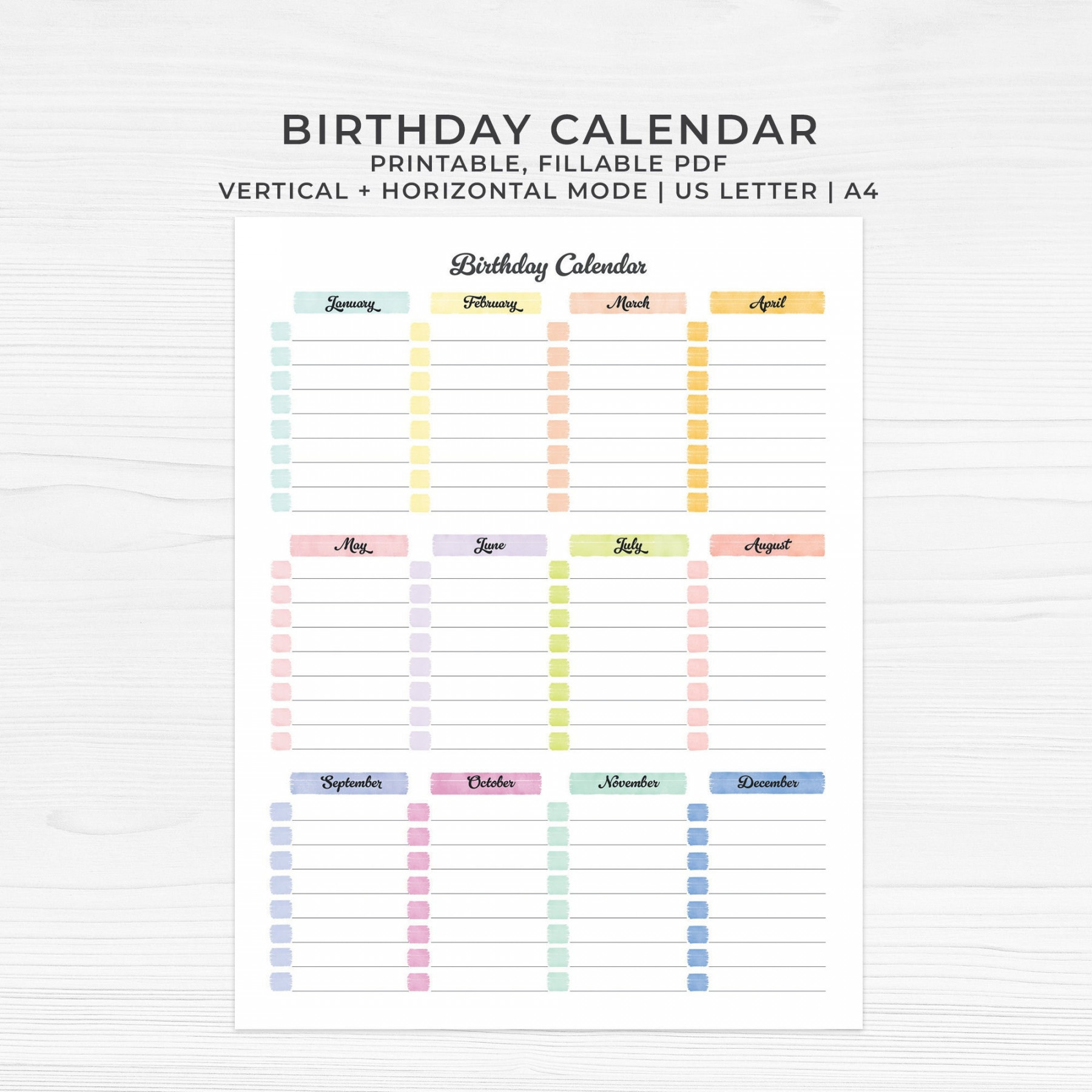 Birthday Calendar Template Printable, Perpetual Birthday Calendar, Fillable  PDF, Birthday Reminder Template, Landscape and Portrait Mode