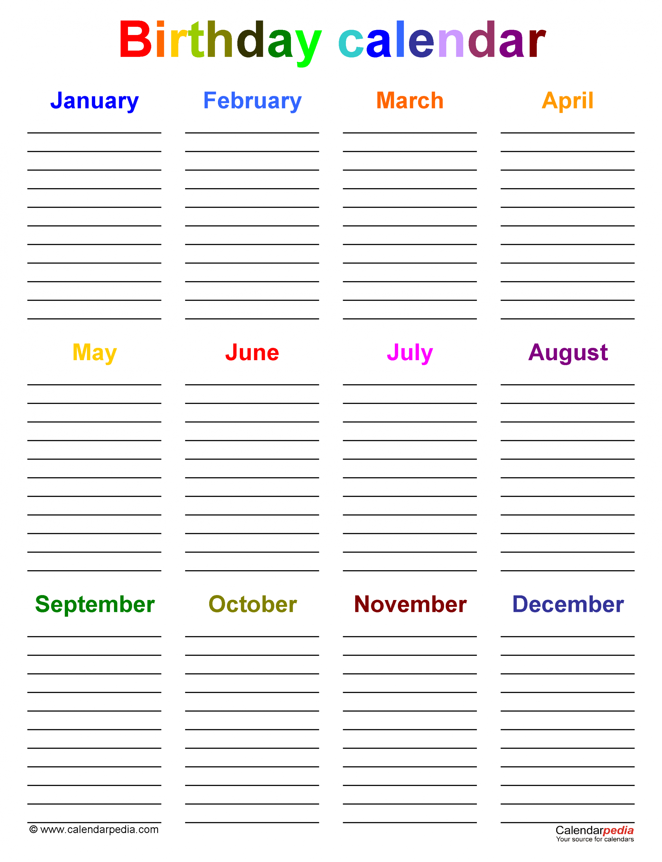 Birthday Calendars - Free Printable PDF templates