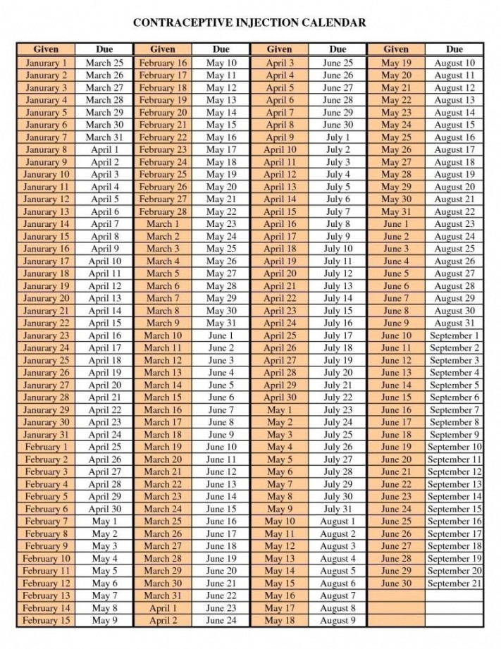 Depo Provera Injection Calendar