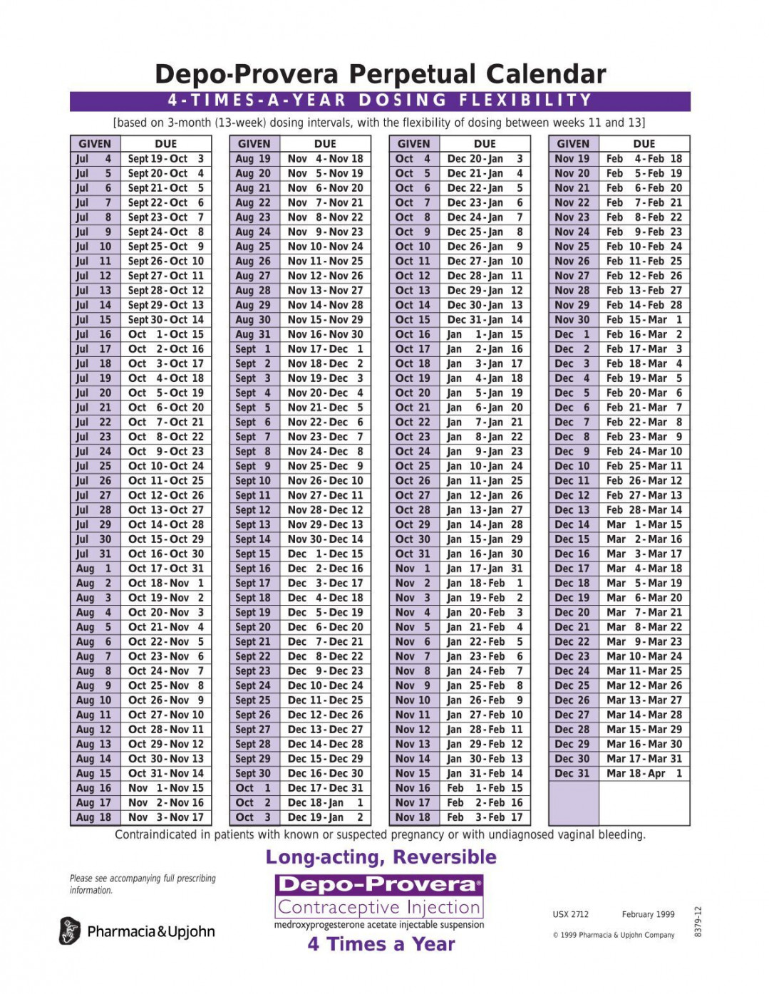 Depo-Provera Perpetual Calendar