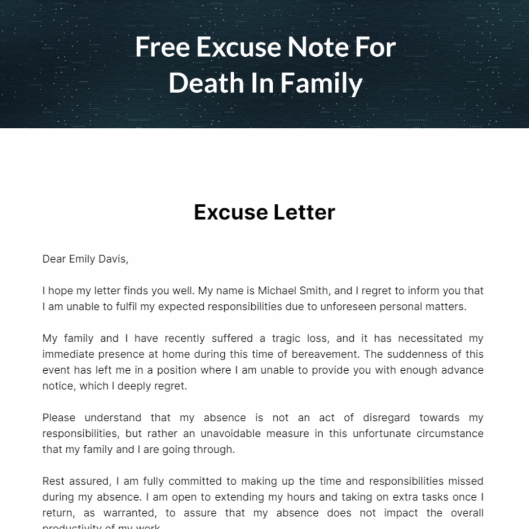 Excuse Note For Death In Family Template - Edit Online & Download