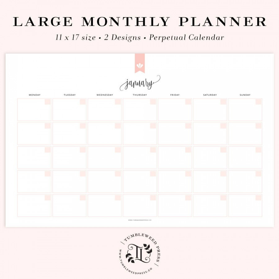 Large Printable Calendar, Undated Calendar Printable, Monthly