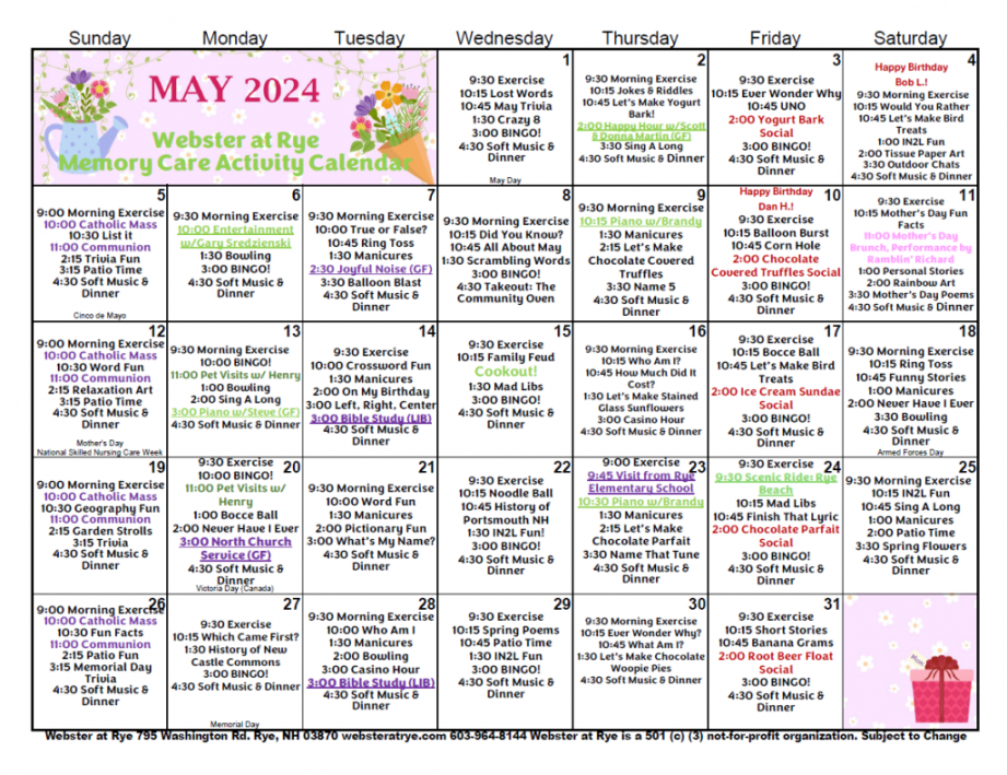 Memory Care Activity Calendar - Webster at Rye