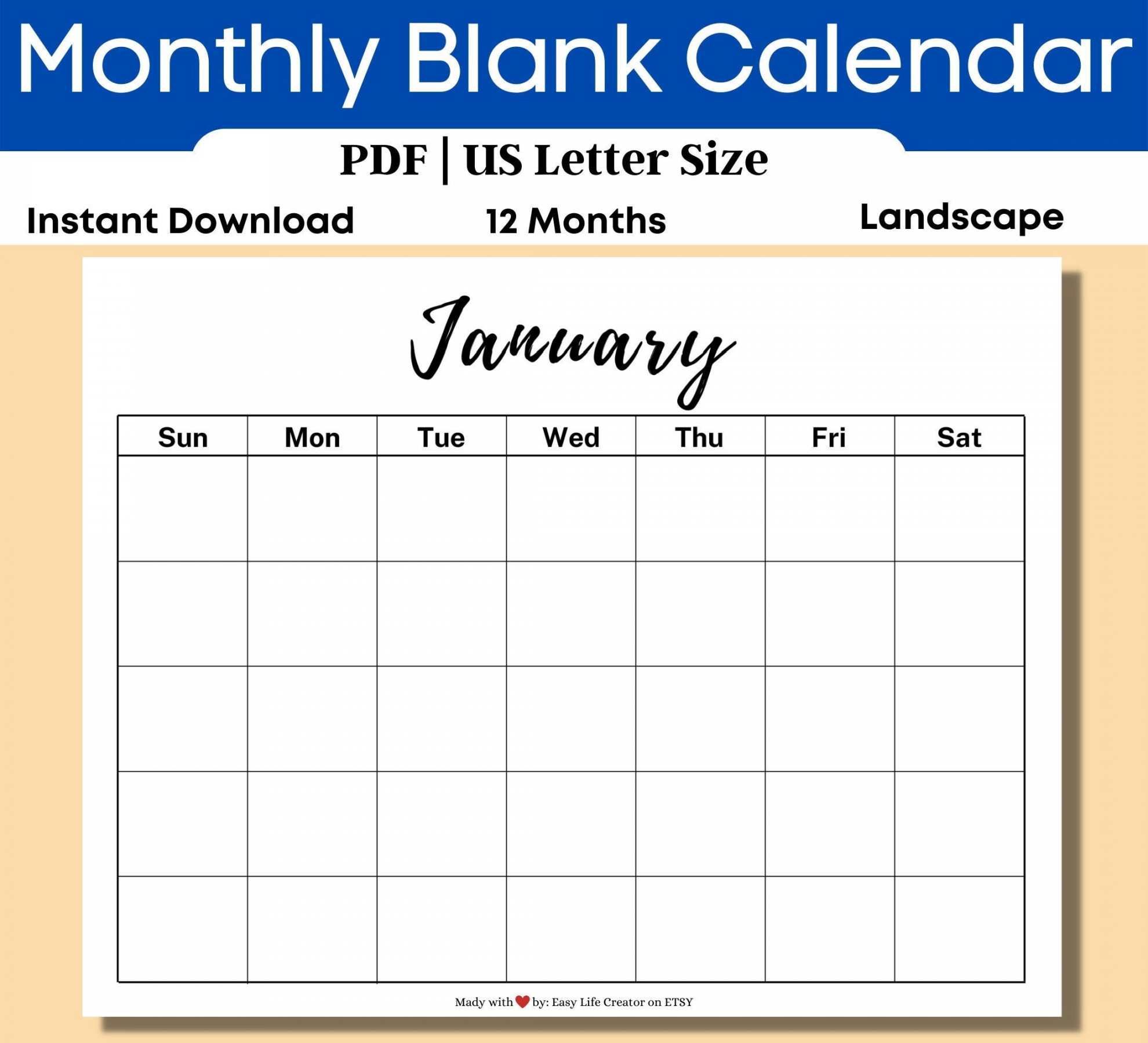 Monthly Blank Calendar Printable Sunday-start Simple Calendar,