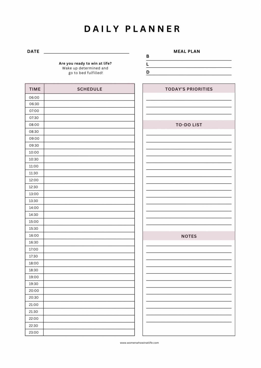 Printable daily calendar with time slots - Women Who Win At Life