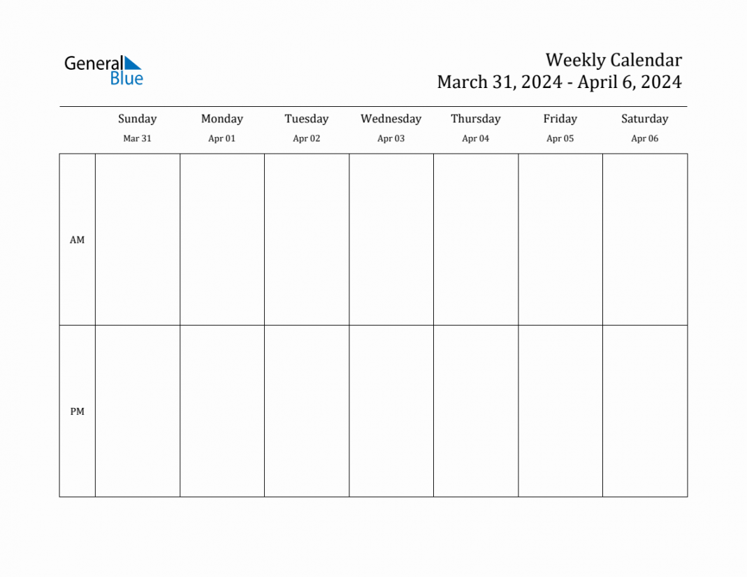 Simple Weekly Calendar for Mar  to Apr ,