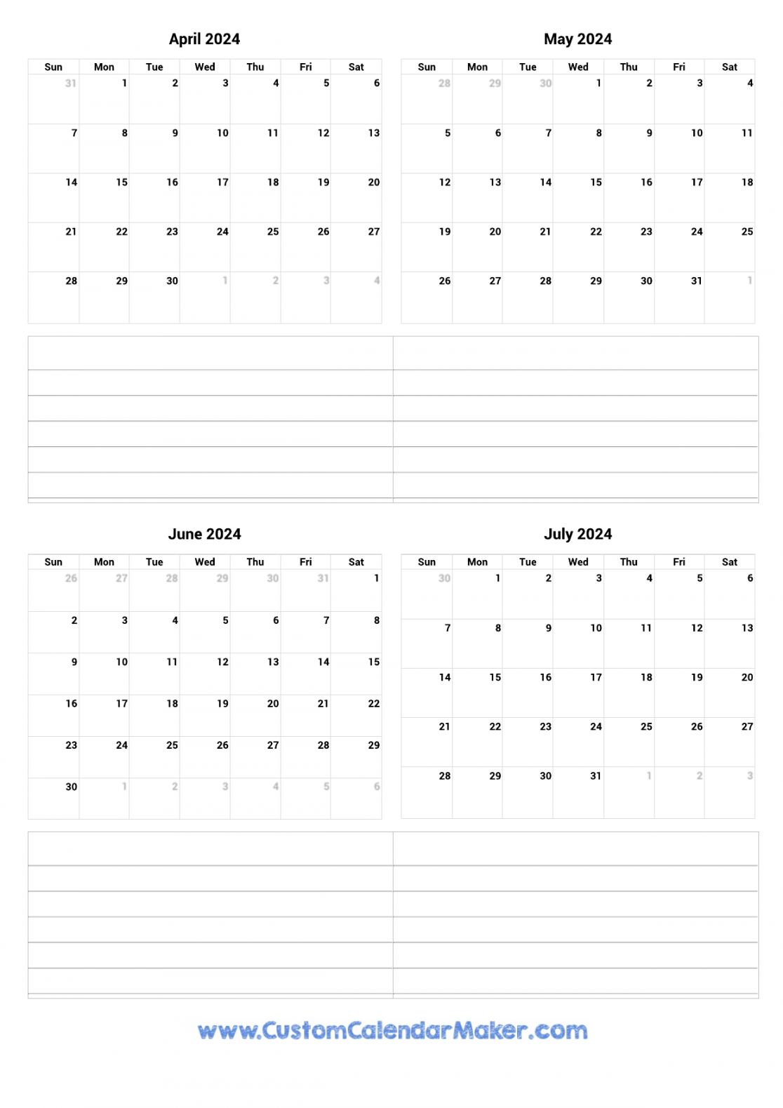 April to July  Printable Calendar